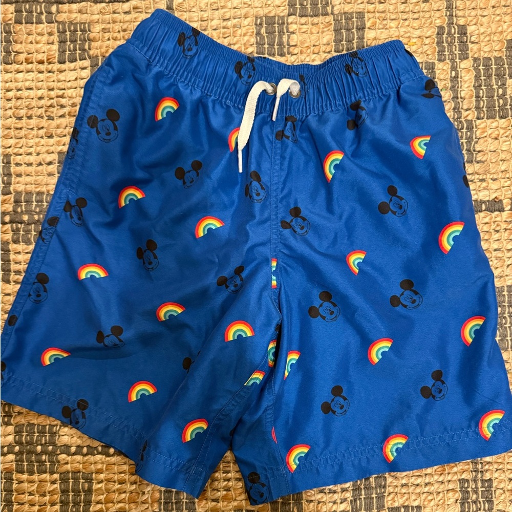 Hanna Andersson Blue Swim Trunks with Mickey Mouse and Rainbow